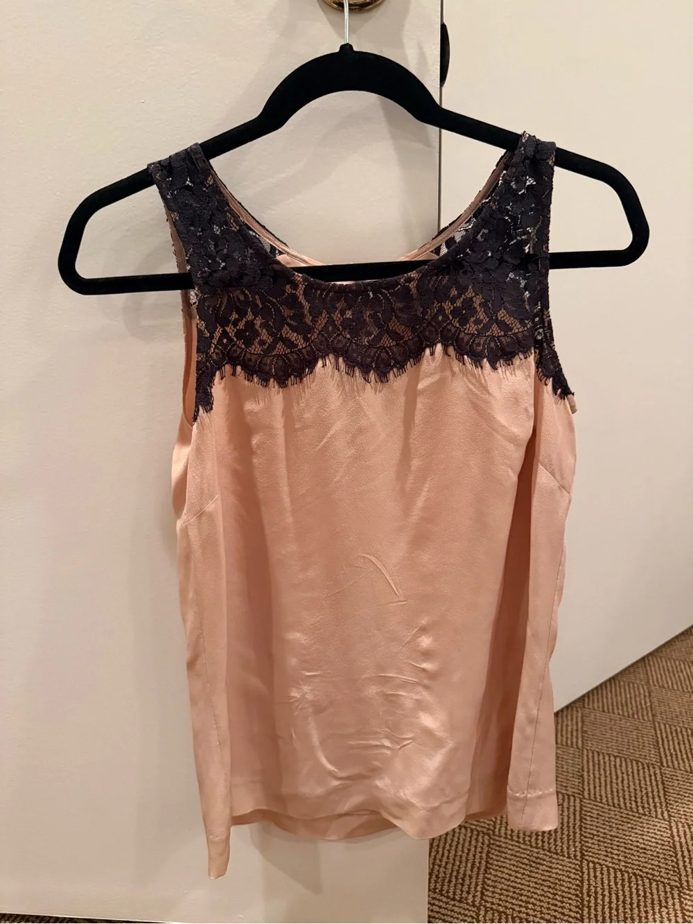 J. Crew Blush Pink Satin Tank with Black Lace Yoke